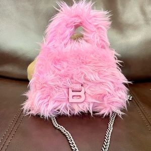 Balenciaga hourglass Mini faux fur furry fluffy top handle handbag pink leather